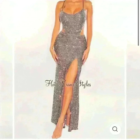 Dresses & Skirts - GRAY IRIDESCENT SEQUINS LACE UP OPEN BACK RUCHED BUTT SLIT GOWN